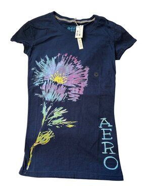 Aero Womens Navy Graphic T-Shirt M Short Sleeve Floral Design Cotton Casual